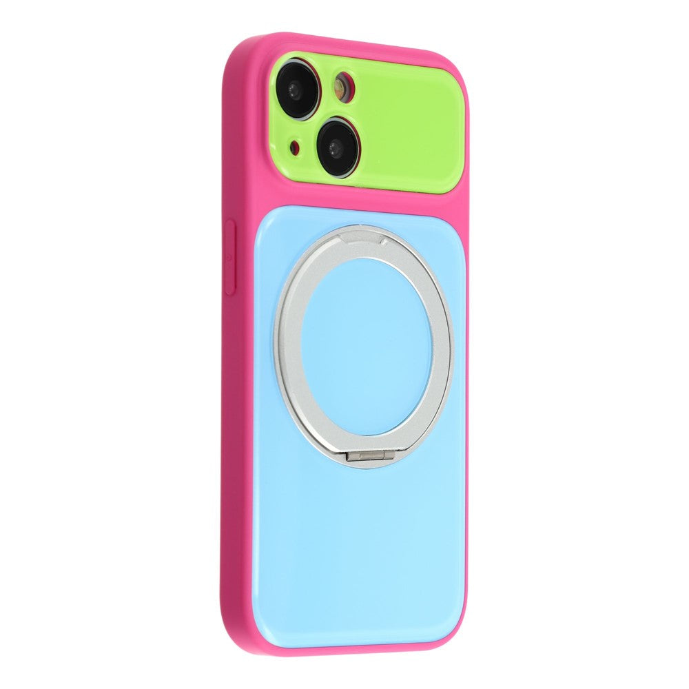 For iPhone 14 Case Magnetic Rotating Kickstand Colorblock Design PC + TPU Phone Cover