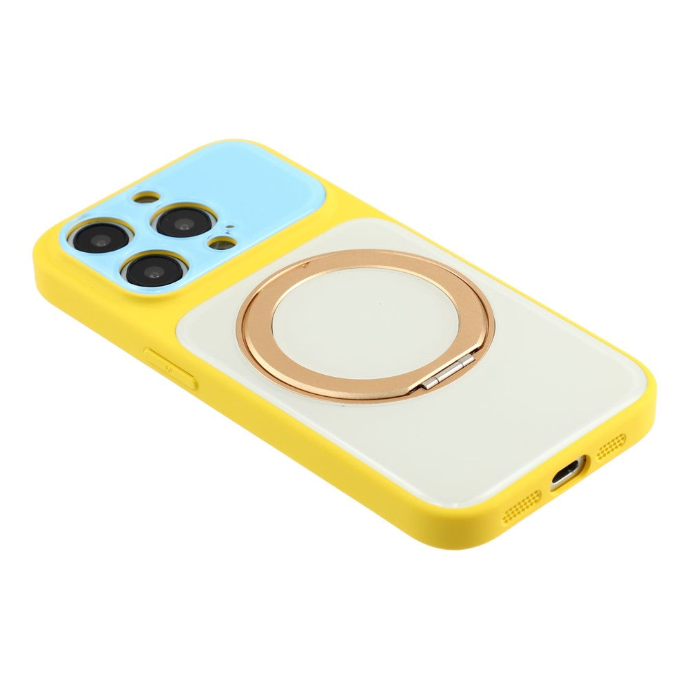 For iPhone 15 Pro Case Magnetic Rotating Kickstand Colorblock Design PC + TPU Phone Cover