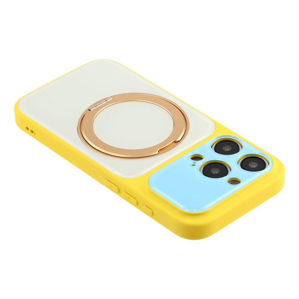 For iPhone 15 Pro Case Magnetic Rotating Kickstand Colorblock Design PC + TPU Phone Cover
