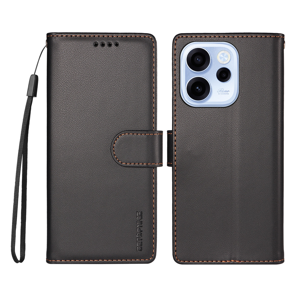 BETOPNICE för Oppo Reno15 F 5G / Oppo Reno16 FS 5G / Oppo Reno16 F 5G 006 Skal RFID-blockerande plånboksfodral i läder med handledsrem