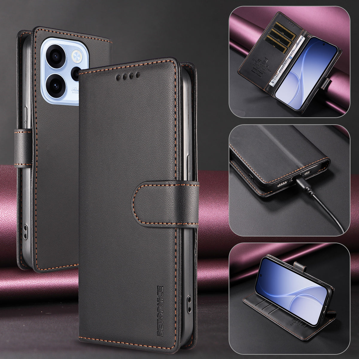 BETOPNICE för Oppo Reno15 F 5G / Oppo Reno16 FS 5G / Oppo Reno16 F 5G 006 Skal RFID-blockerande plånboksfodral i läder med handledsrem