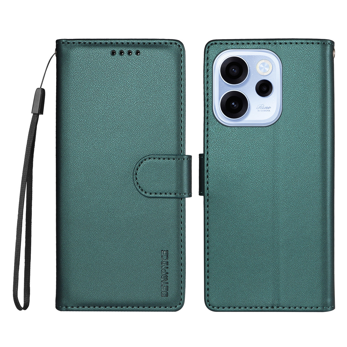 BETOPNICE för Oppo Reno15 F 5G / Oppo Reno16 FS 5G / Oppo Reno16 F 5G 006 Skal RFID-blockerande plånboksfodral i läder med handledsrem