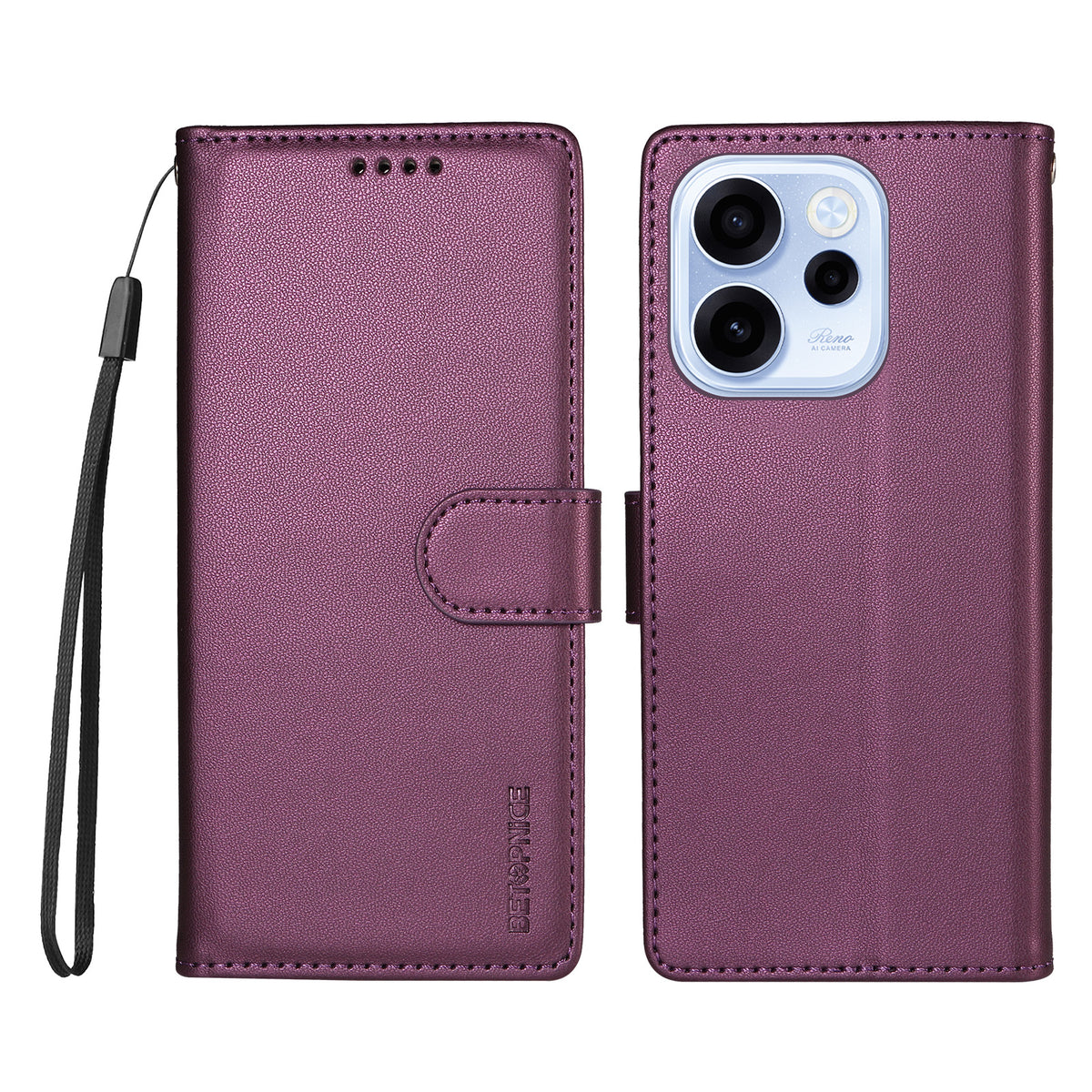 BETOPNICE för Oppo Reno15 F 5G / Oppo Reno16 FS 5G / Oppo Reno16 F 5G 006 Skal RFID-blockerande plånboksfodral i läder med handledsrem