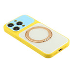 Til iPhone 14 Pro cover magnetisk roterende støttefod farveblok design PC + TPU telefoncover