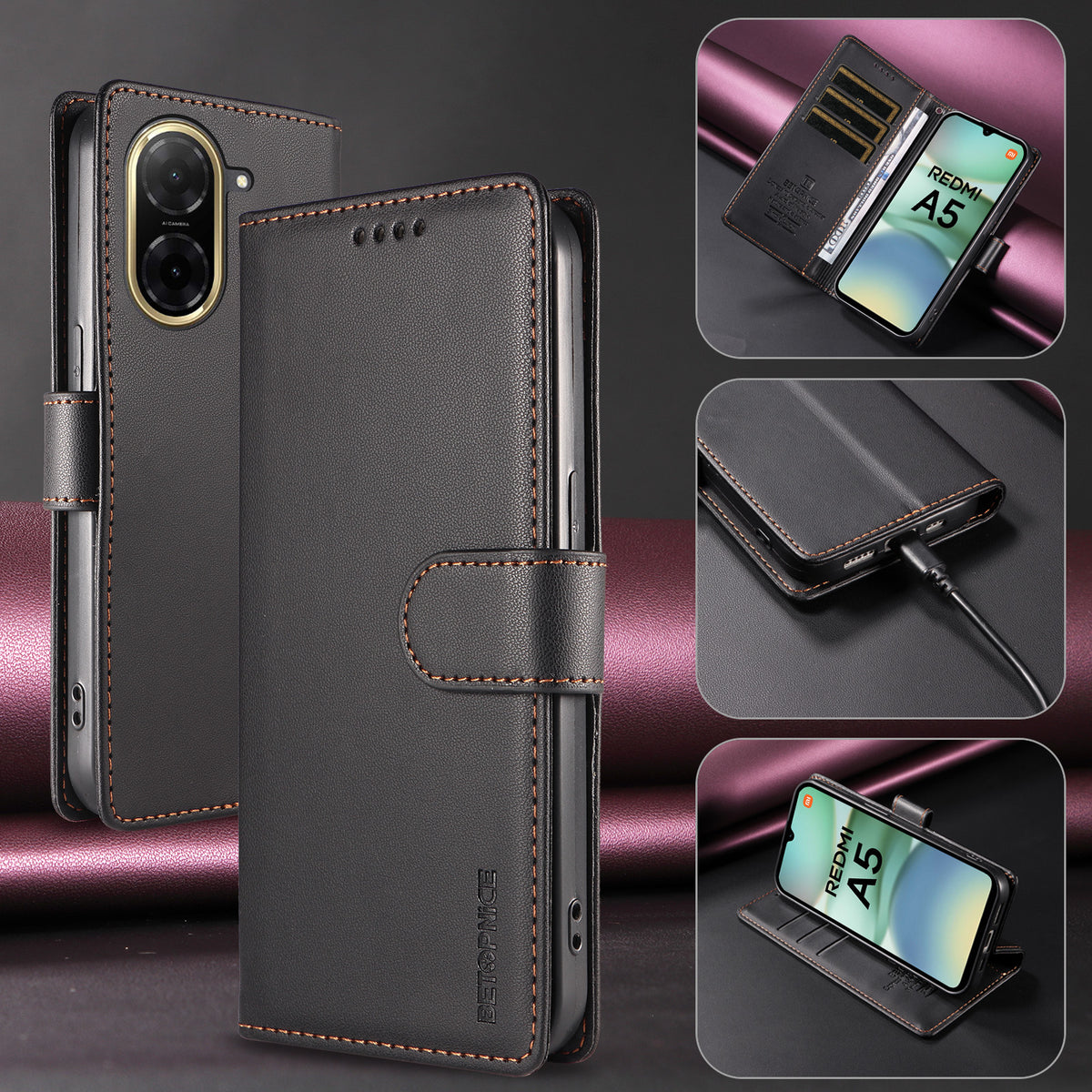BETOPNICE for Xiaomi Redmi A5 NFC (EU) (173.45mm) 006 Case RFID Blocking Wallet Stand Leather Phone Cover with Wrist Strap