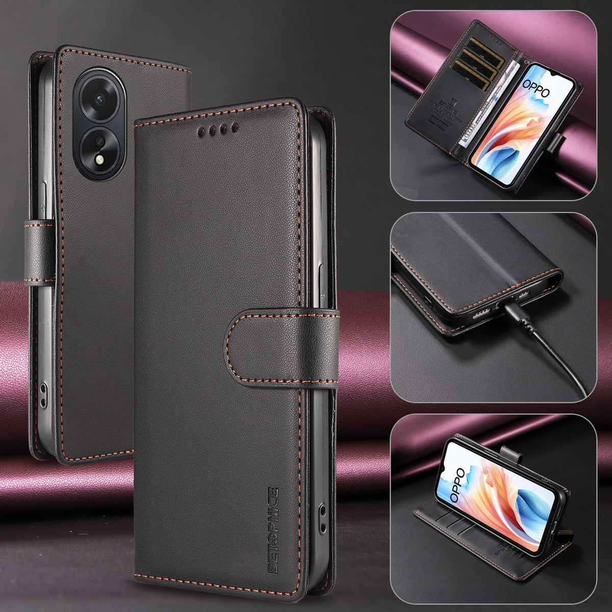 BETOPNICE for Oppo A18 4G / Oppo A38 4G 006 Case RFID Blocking Wallet Stand Leather Phone Cover with Wrist Strap