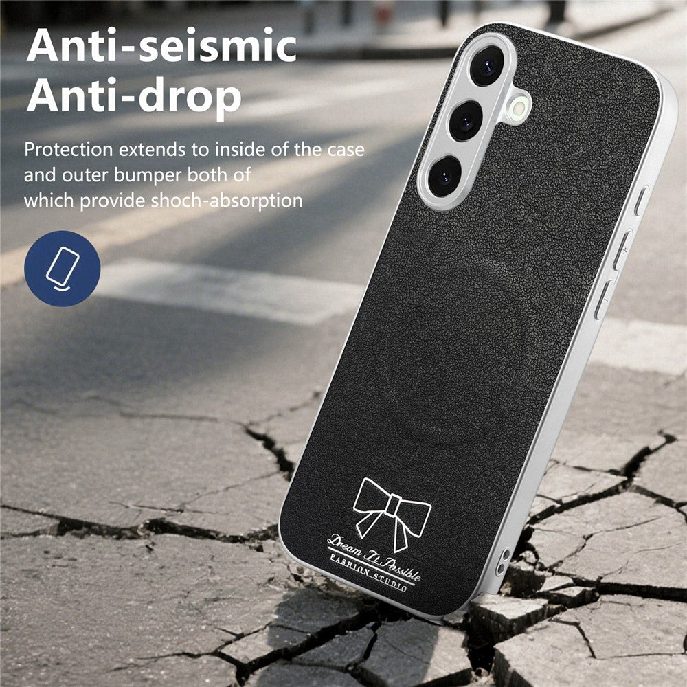 For Samsung Galaxy S25 Magnetic Case Butterfly Bow Pattern PU Leather + TPU + PC Shockproof Phone Cover
