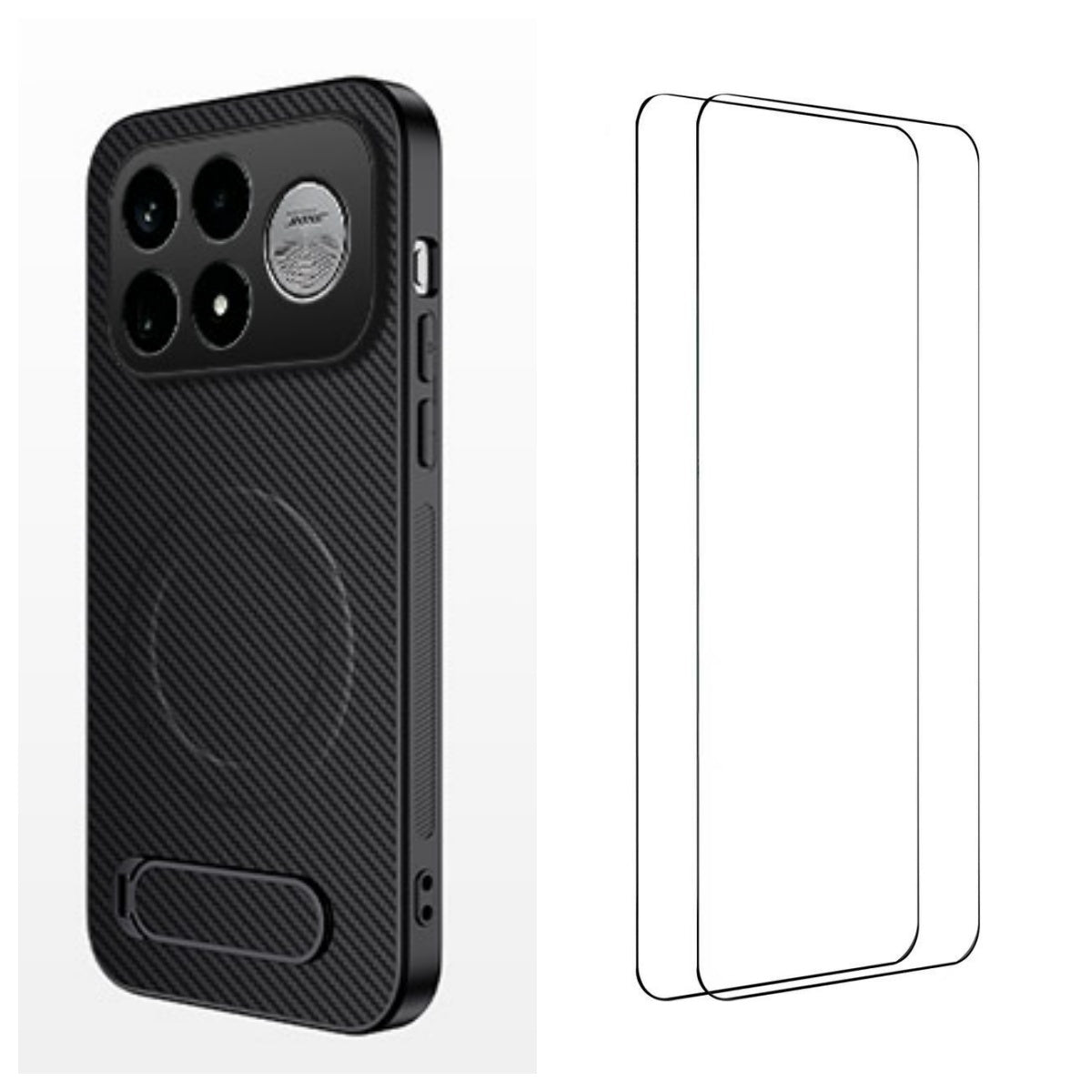 WANLONFENG för Xiaomi Poco F9 Ultra 5G / Xiaomi Redmi K100 Pro Max 5G (Kina) QT1-serien magnetiskt skal med 2 st. härdat glasfilmer stativ kolfiberstruktur PC TPU mobilskal