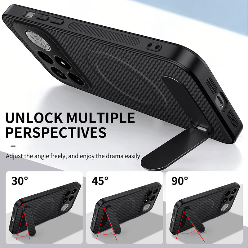 WANLONFENG för Xiaomi Poco F9 Ultra 5G / Xiaomi Redmi K100 Pro Max 5G (Kina) QT1-serien magnetiskt skal med 2 st. härdat glasfilmer stativ kolfiberstruktur PC TPU mobilskal