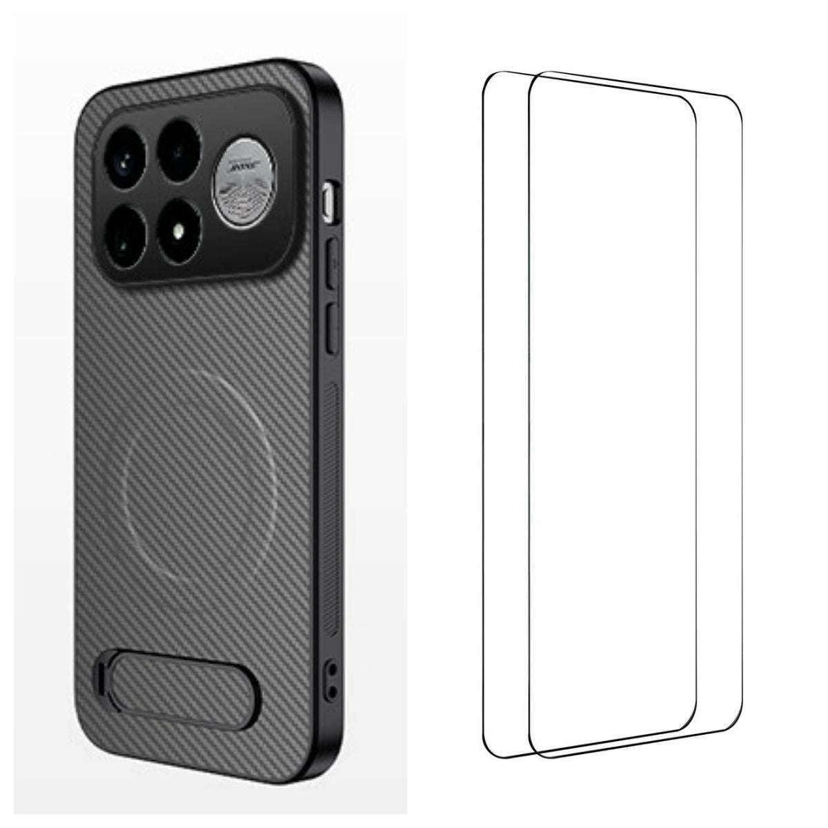 WANLONFENG för Xiaomi Poco F9 Ultra 5G / Xiaomi Redmi K100 Pro Max 5G (Kina) QT1-serien magnetiskt skal med 2 st. härdat glasfilmer stativ kolfiberstruktur PC TPU mobilskal