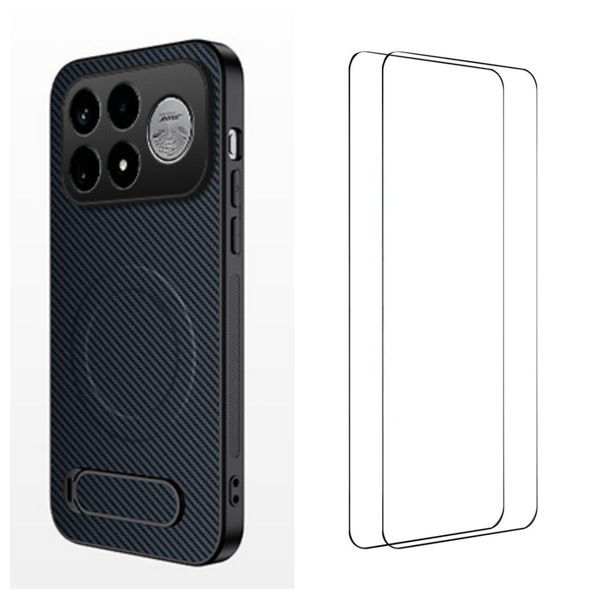 WANLONFENG för Xiaomi Poco F9 Ultra 5G / Xiaomi Redmi K100 Pro Max 5G (Kina) QT1-serien magnetiskt skal med 2 st. härdat glasfilmer stativ kolfiberstruktur PC TPU mobilskal