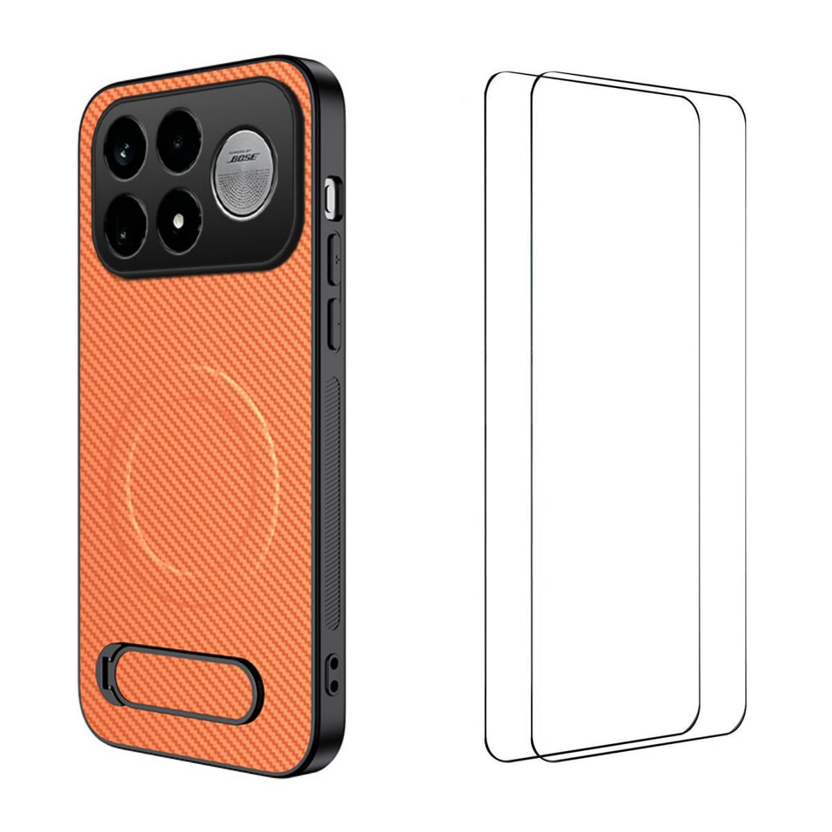 WANLONFENG för Xiaomi Poco F9 Ultra 5G / Xiaomi Redmi K100 Pro Max 5G (Kina) QT1-serien magnetiskt skal med 2 st. härdat glasfilmer stativ kolfiberstruktur PC TPU mobilskal