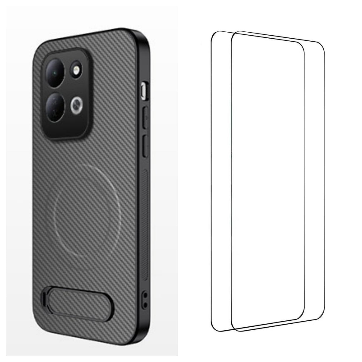 WANLONFENG för Xiaomi Redmi 17 5G / Xiaomi Redmi 17 4G QT1-serien magnetiskt skal med 2 st. härdat glasfilmer, stativ, kolfiberstruktur, PC TPU-mobilskal