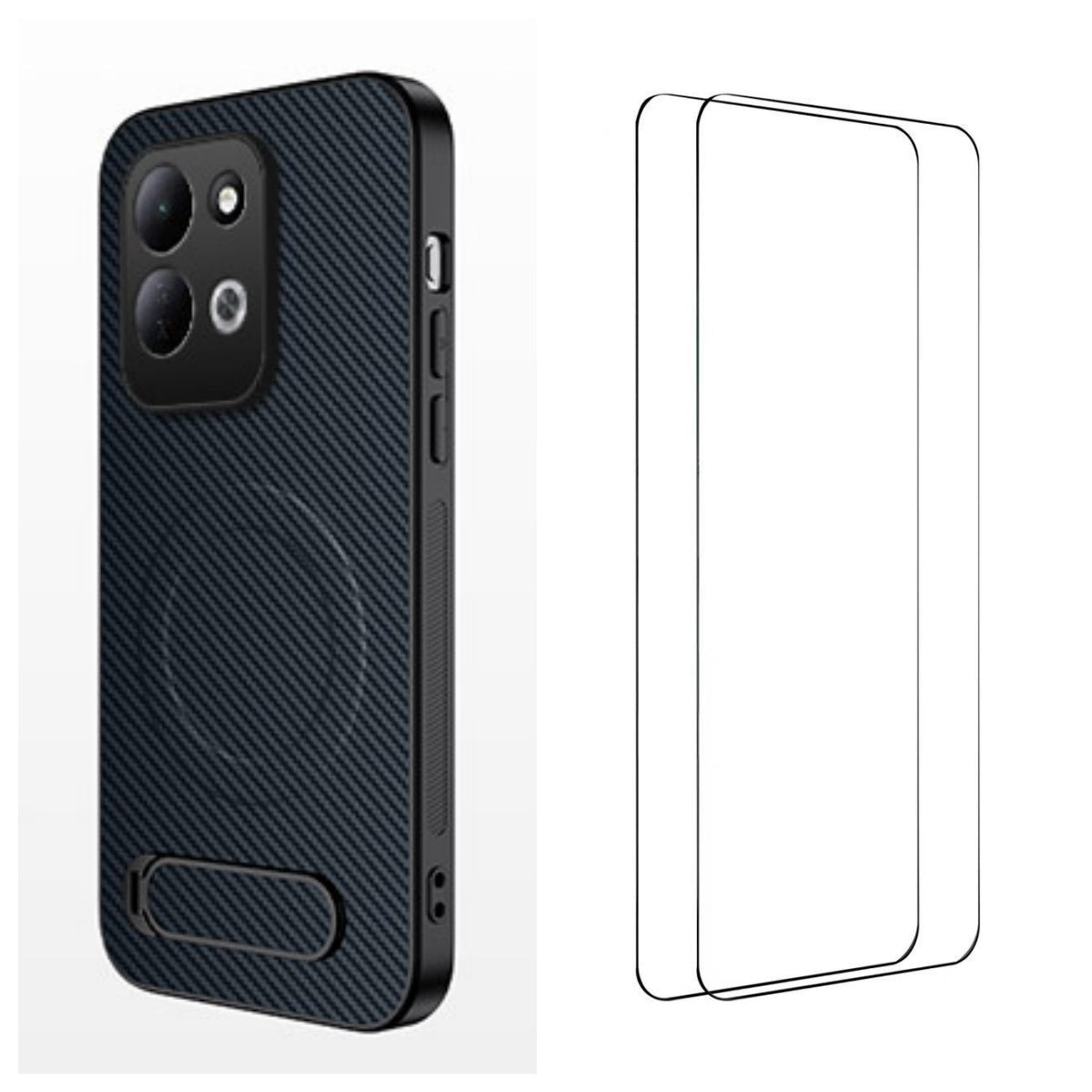 WANLONFENG för Xiaomi Redmi 17 5G / Xiaomi Redmi 17 4G QT1-serien magnetiskt skal med 2 st. härdat glasfilmer, stativ, kolfiberstruktur, PC TPU-mobilskal