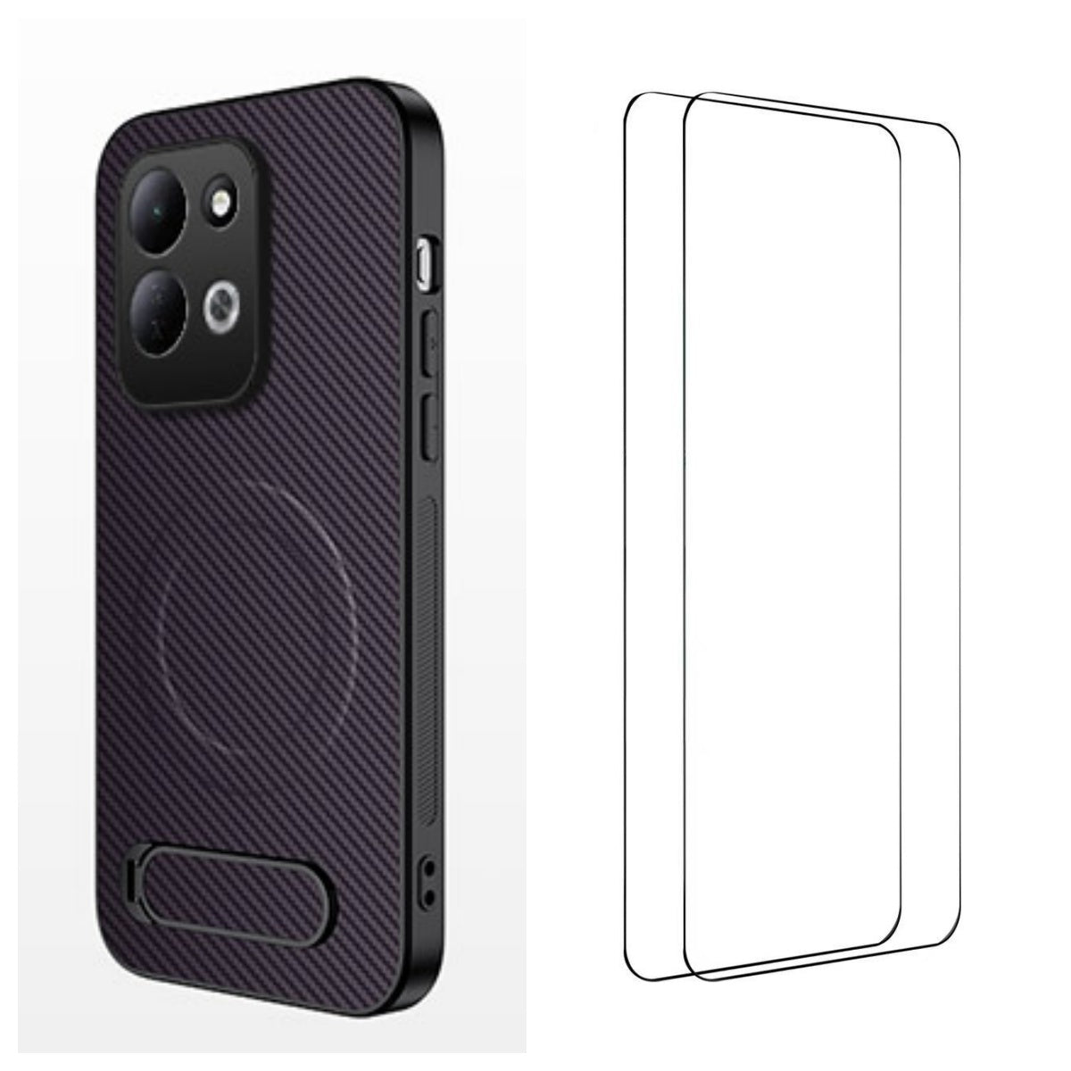 WANLONFENG för Xiaomi Redmi 17 5G / Xiaomi Redmi 17 4G QT1-serien magnetiskt skal med 2 st. härdat glasfilmer, stativ, kolfiberstruktur, PC TPU-mobilskal