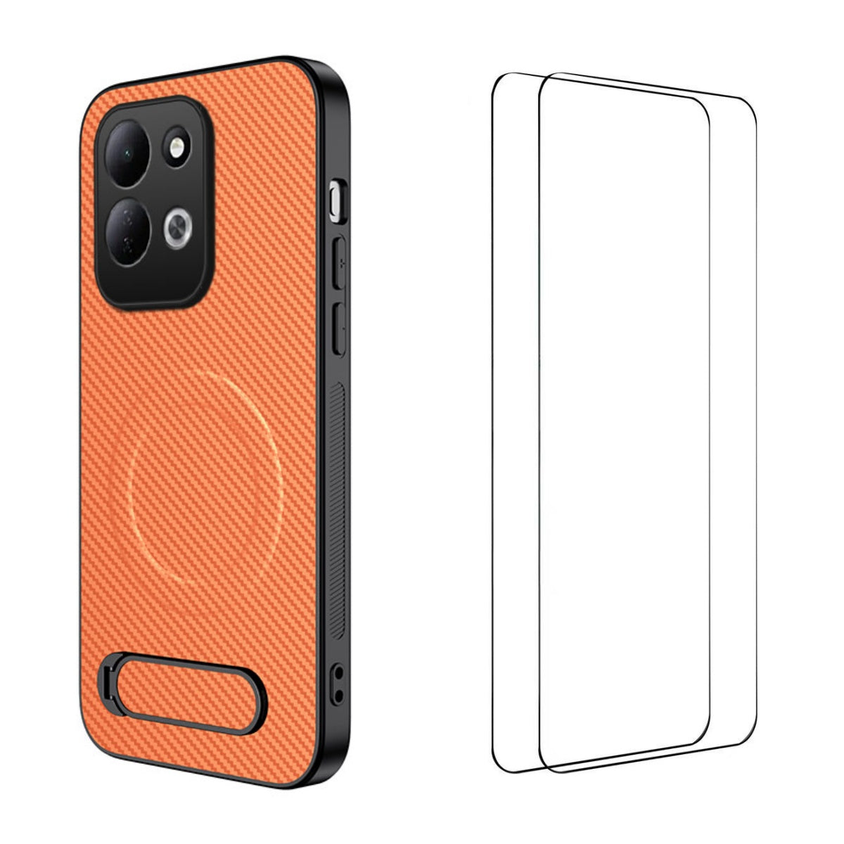 WANLONFENG för Xiaomi Redmi 17 5G / Xiaomi Redmi 17 4G QT1-serien magnetiskt skal med 2 st. härdat glasfilmer, stativ, kolfiberstruktur, PC TPU-mobilskal
