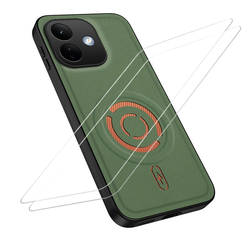 WANLONFENG for Xiaomi Redmi Note 17 Pro 5G KJB1 Series Magnetic Case with 2Pcs Tempered Glass Screen Protector Tech Fabric Texture PC+TPU Phone Cover