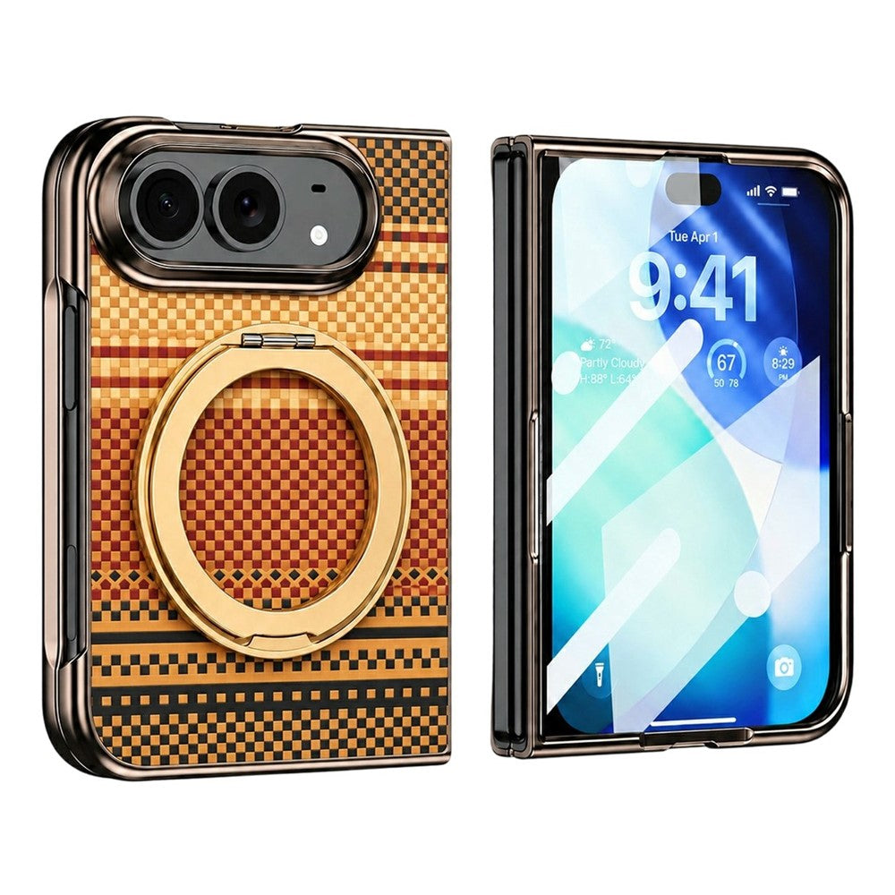 For iPhone Fold Case Magnetic Rotating Kickstand Aramid Fiber Texture Leather + PC Phone Cover with HD Screen Protector