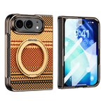 For iPhone Fold Case Magnetic Rotating Kickstand Aramid Fiber Texture Leather + PC Phone Cover with HD Screen Protector