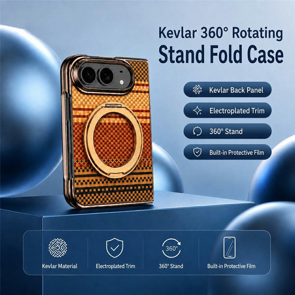 For iPhone Fold Case Magnetic Rotating Kickstand Aramid Fiber Texture Leather + PC Phone Cover with HD Screen Protector