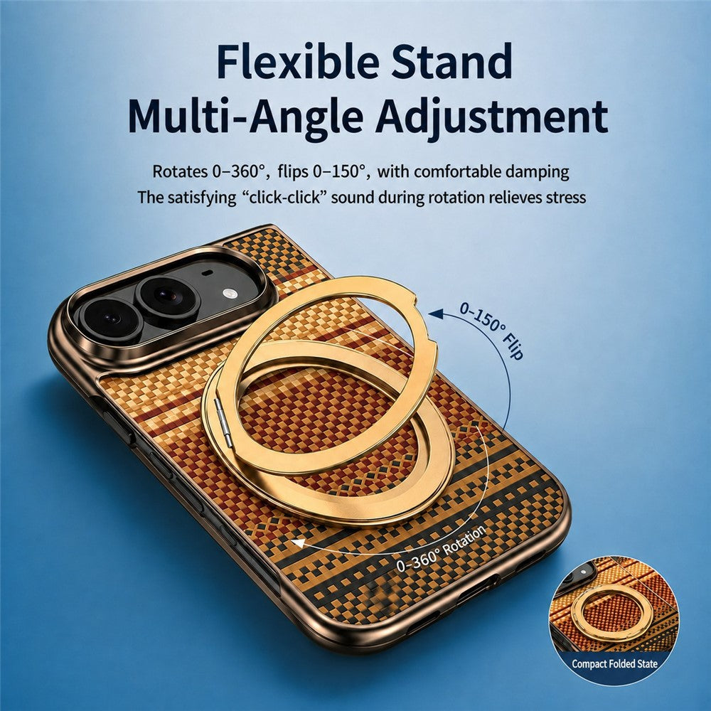 For iPhone Fold Case Magnetic Rotating Kickstand Aramid Fiber Texture Leather + PC Phone Cover with HD Screen Protector