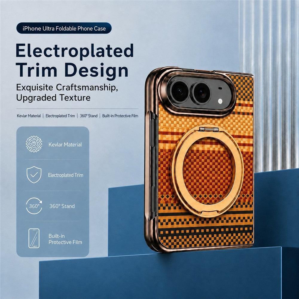 For iPhone Fold Case Magnetic Rotating Kickstand Aramid Fiber Texture Leather + PC Phone Cover with HD Screen Protector