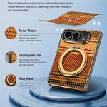 For iPhone Fold Case Magnetic Rotating Kickstand Aramid Fiber Texture Leather + PC Phone Cover with HD Screen Protector