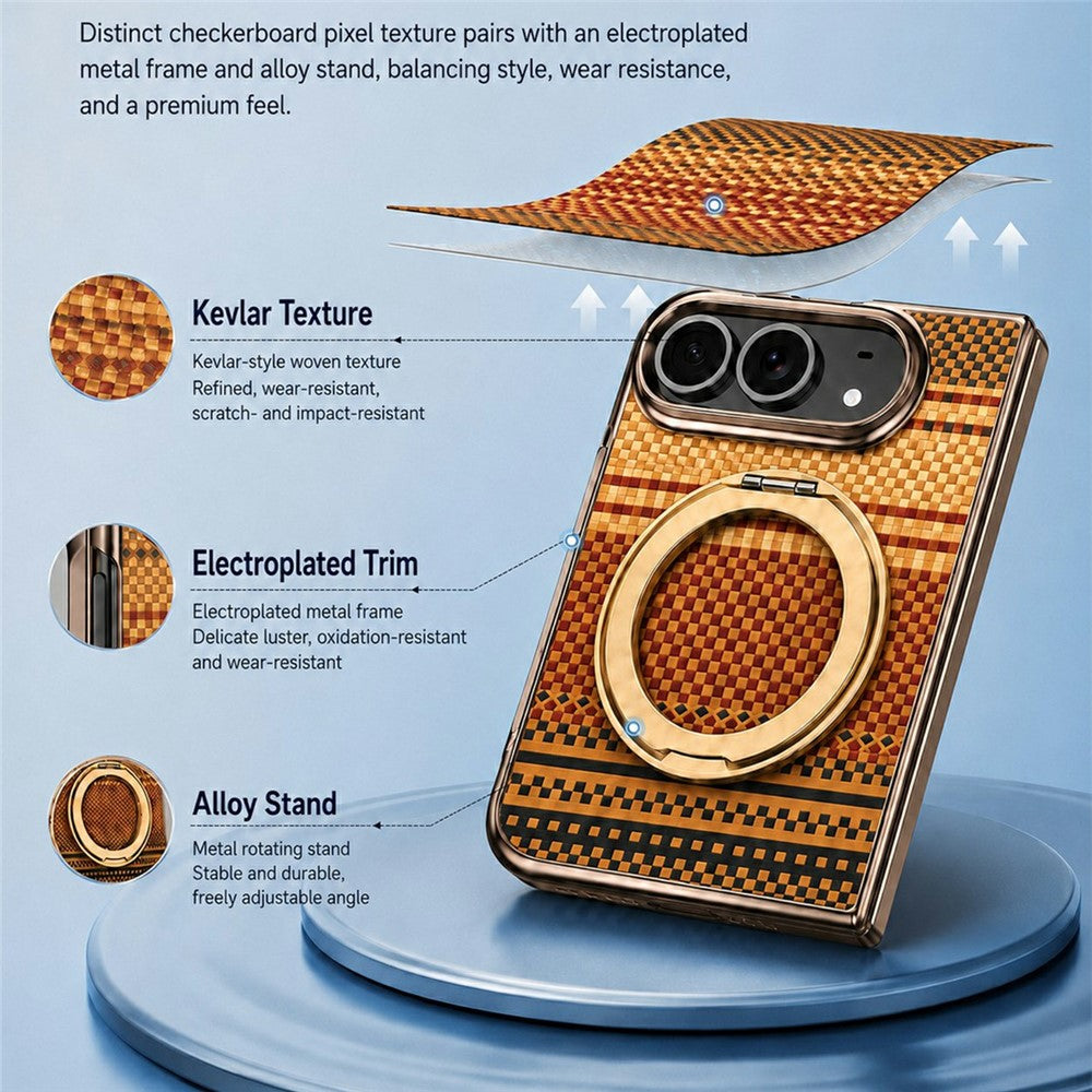 For iPhone Fold Case Magnetic Rotating Kickstand Aramid Fiber Texture Leather + PC Phone Cover with HD Screen Protector