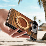 For iPhone Fold Case Magnetic Rotating Kickstand Aramid Fiber Texture Leather + PC Phone Cover with HD Screen Protector