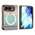 For iPhone Fold Case Magnetic Rotating Kickstand Aramid Fiber Texture Leather + PC Phone Cover with HD Screen Protector