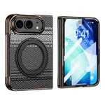 For iPhone Fold Case Magnetic Rotating Kickstand Aramid Fiber Texture Leather + PC Phone Cover with HD Screen Protector
