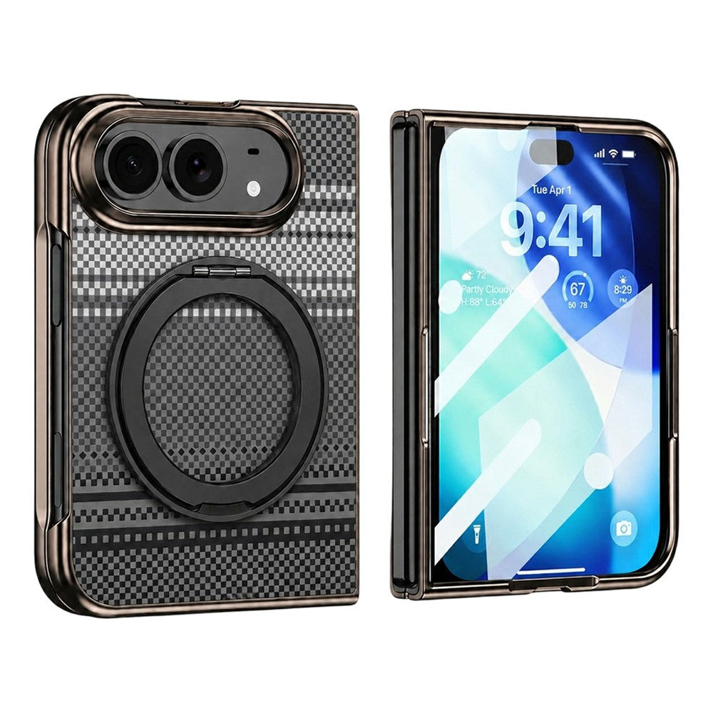 For iPhone Fold Case Magnetic Rotating Kickstand Aramid Fiber Texture Leather + PC Phone Cover with HD Screen Protector