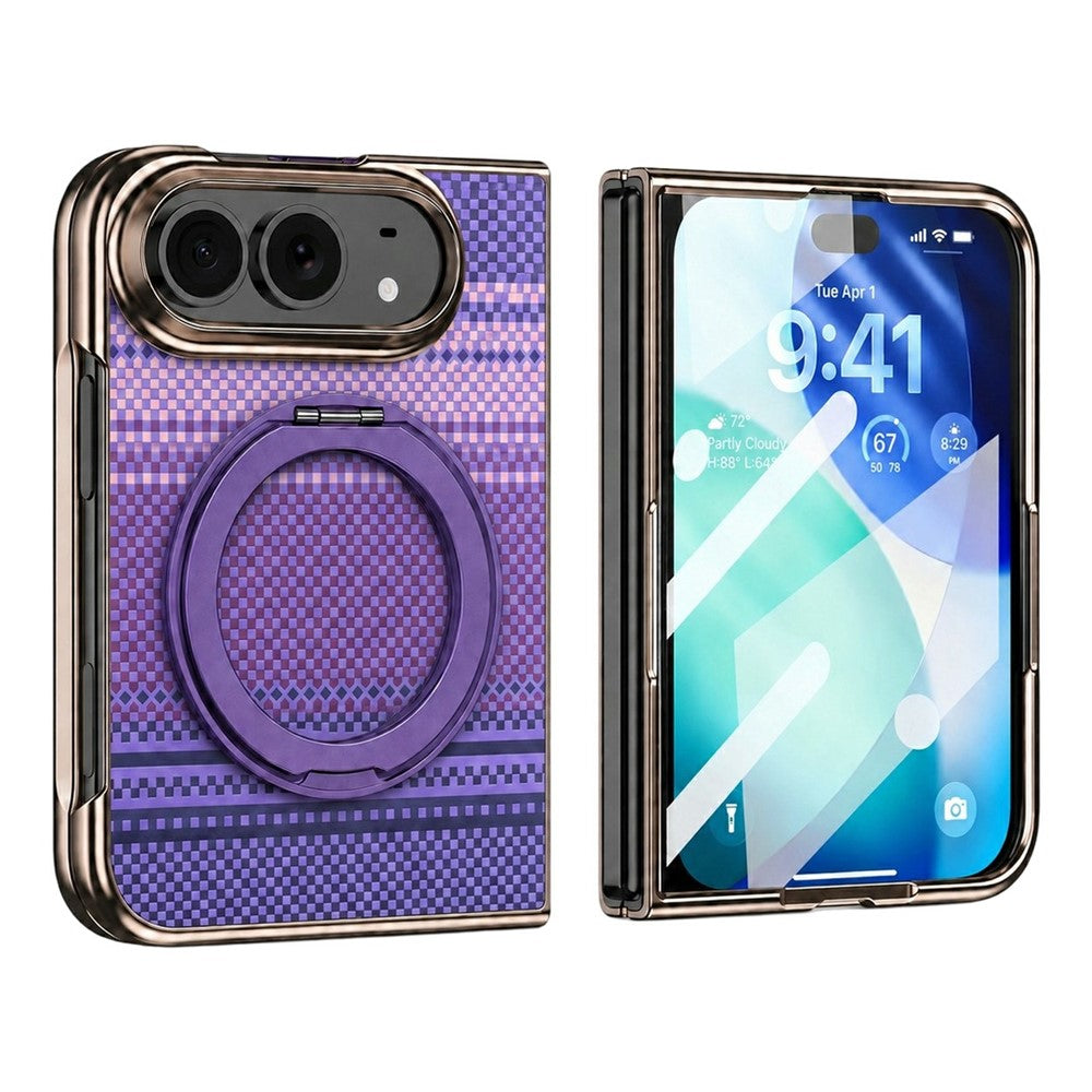 For iPhone Fold Case Magnetic Rotating Kickstand Aramid Fiber Texture Leather + PC Phone Cover with HD Screen Protector
