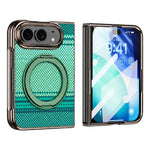 For iPhone Fold Case Magnetic Rotating Kickstand Aramid Fiber Texture Leather + PC Phone Cover with HD Screen Protector