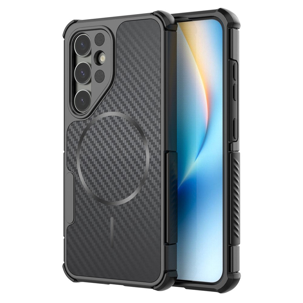 For Samsung Galaxy S24 Magnetic Case Carbon Fiber Texture PC + TPU Corner Protection Phone Cover
