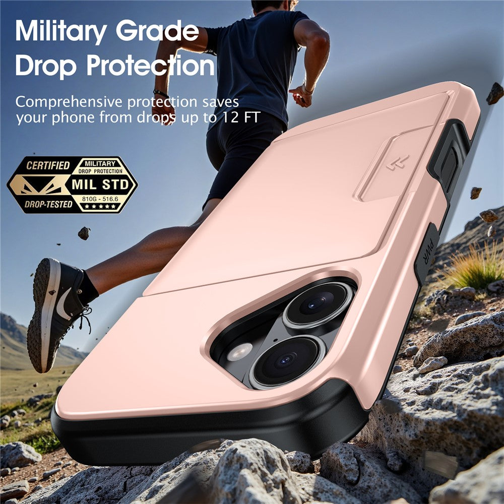 For iPhone 17 Case Slide Card Holder Military Drop Protection PC + TPU Phone Cover