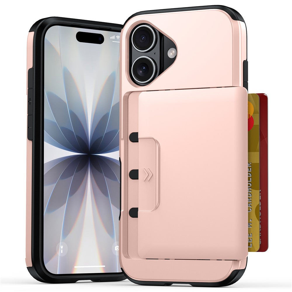 For iPhone 16 Case Slide Card Holder Military Drop Protection PC + TPU Phone Cover