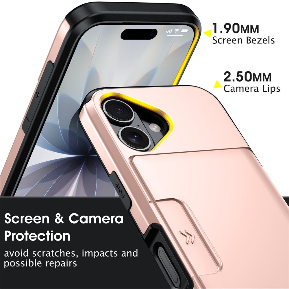 For iPhone 16 Case Slide Card Holder Military Drop Protection PC + TPU Phone Cover