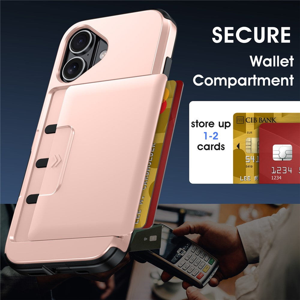For iPhone 16 Case Slide Card Holder Military Drop Protection PC + TPU Phone Cover