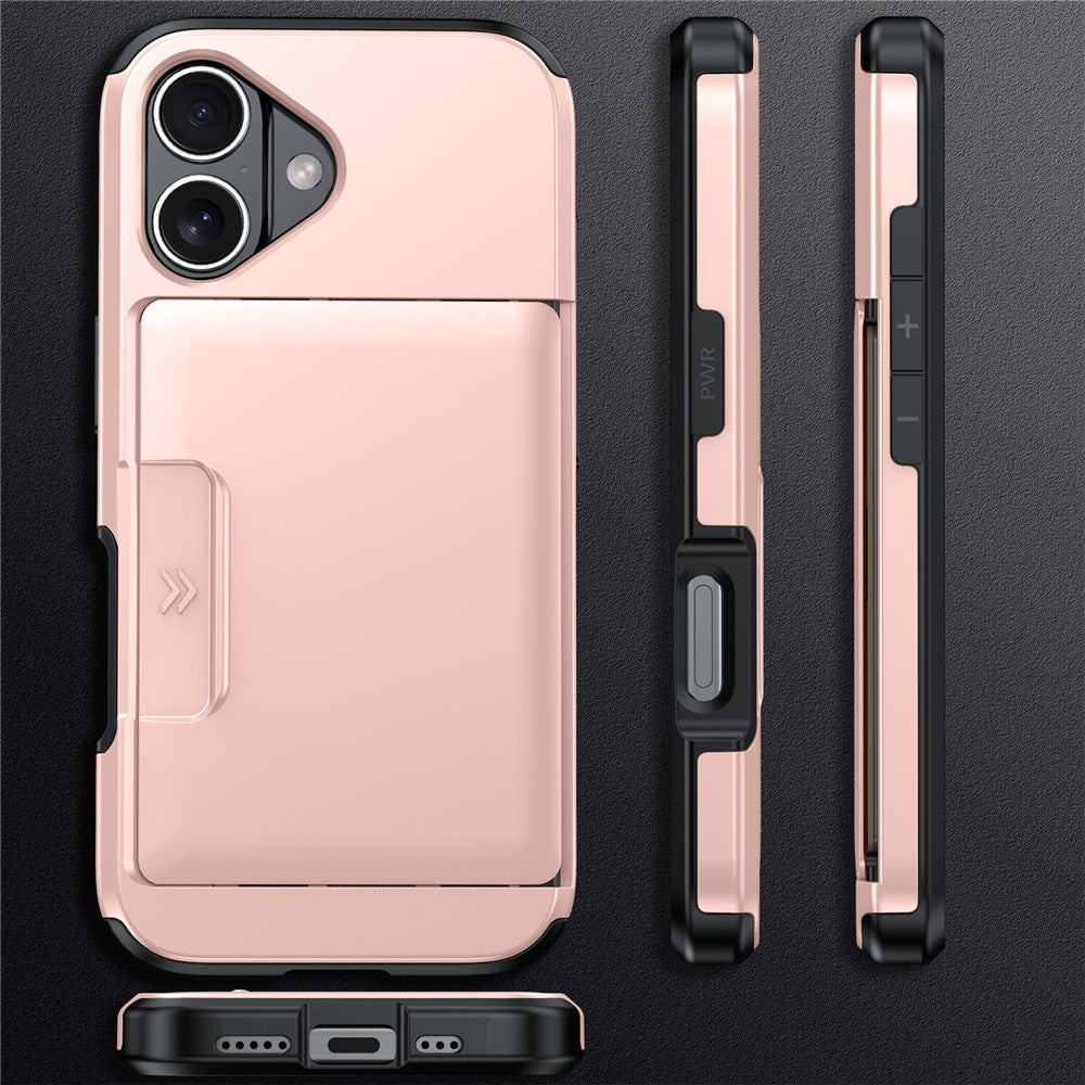 For iPhone 16 Case Slide Card Holder Military Drop Protection PC + TPU Phone Cover