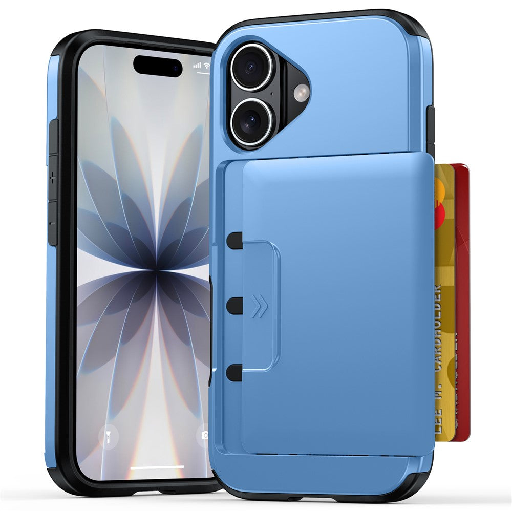 For iPhone 16 Case Slide Card Holder Military Drop Protection PC + TPU Phone Cover