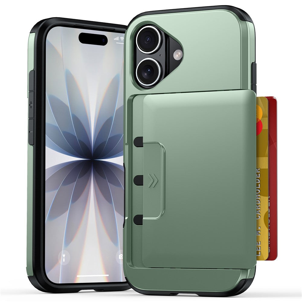 For iPhone 16 Case Slide Card Holder Military Drop Protection PC + TPU Phone Cover