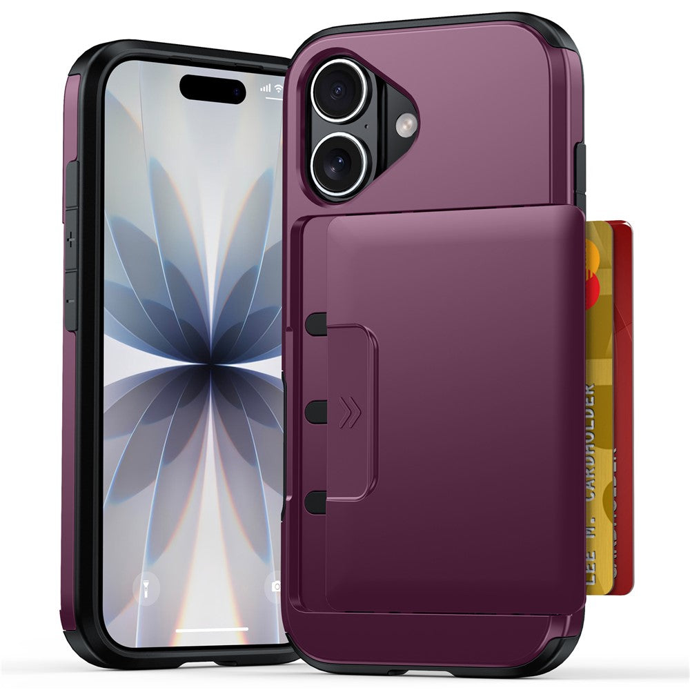 For iPhone 16 Case Slide Card Holder Military Drop Protection PC + TPU Phone Cover