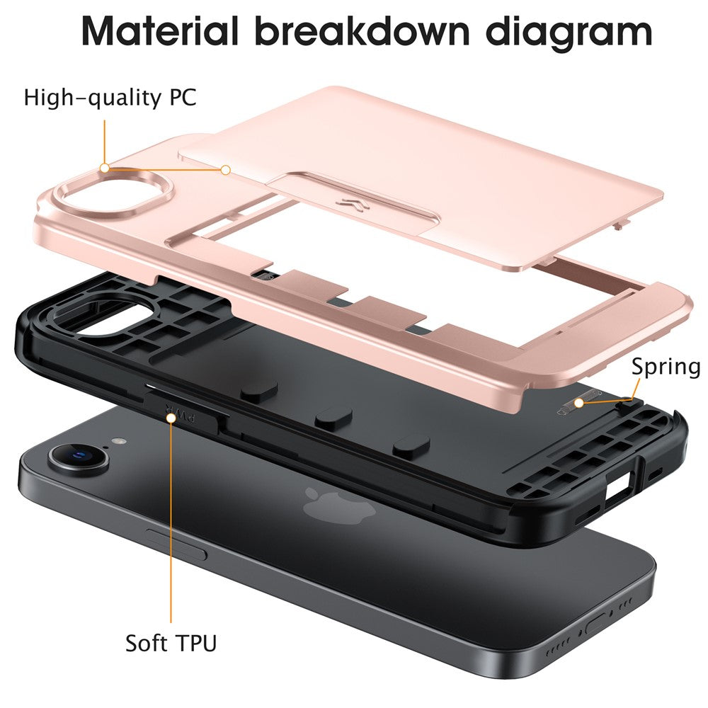 For iPhone 17e  /  16e Case Slide Card Holder Military Drop Protection PC + TPU Phone Cover