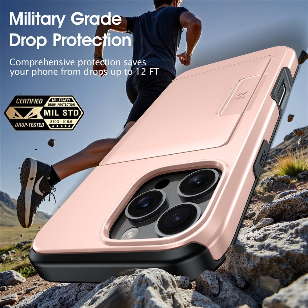 For iPhone 16 Pro Max Case Slide Card Holder Military Drop Protection PC + TPU Phone Cover