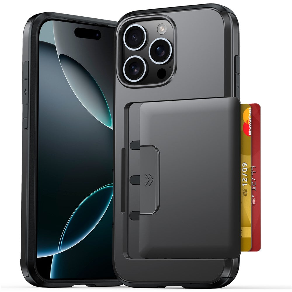 For iPhone 16 Pro Max Case Slide Card Holder Military Drop Protection PC + TPU Phone Cover