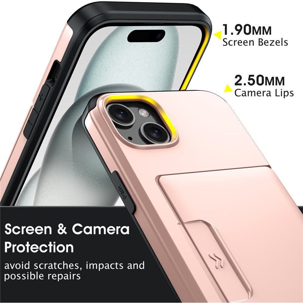 For iPhone 15 Case Slide Card Holder Military Drop Protection PC + TPU Phone Cover