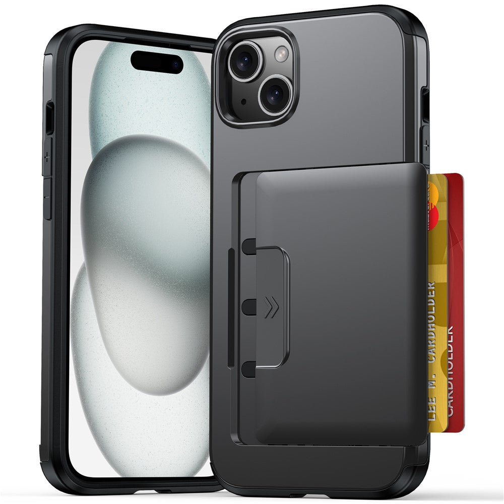 For iPhone 15 Case Slide Card Holder Military Drop Protection PC + TPU Phone Cover