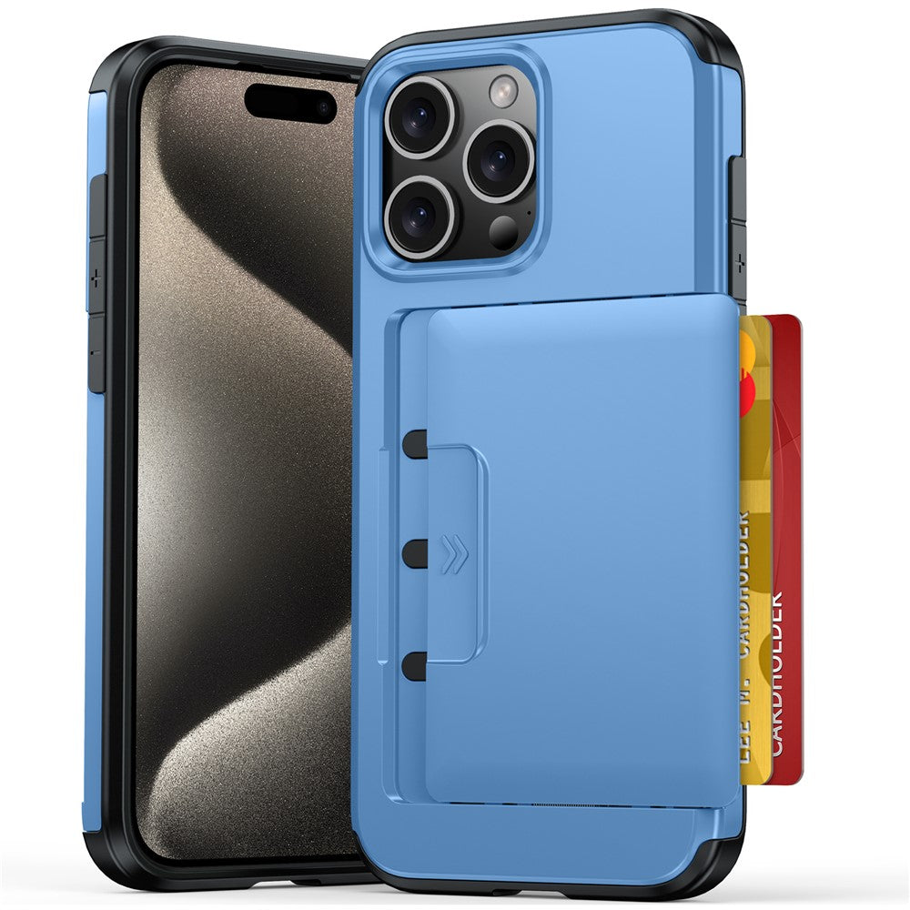 Til iPhone 15 Pro Max cover med skydende kortholder Militær faldbeskyttelse PC + TPU telefoncover