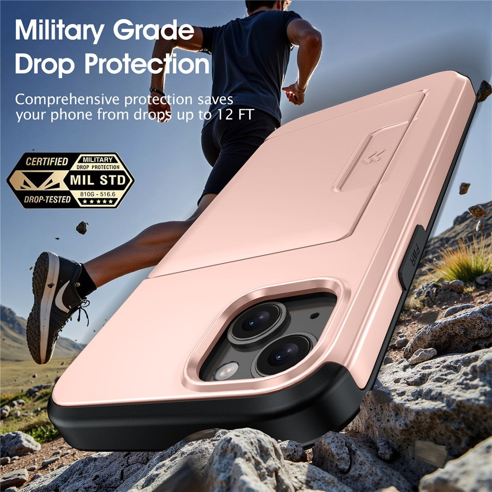 For iPhone 13  /  14 Case Slide Card Holder Military Drop Protection PC + TPU Phone Cover
